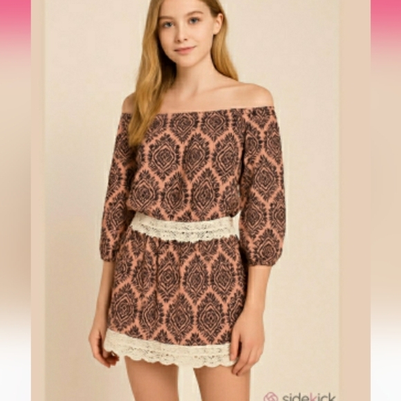 Free People Dresses & Skirts - Free People Mini Dress 3/4 Sleeve Off Shoulder Printed Black Coral Boho Small